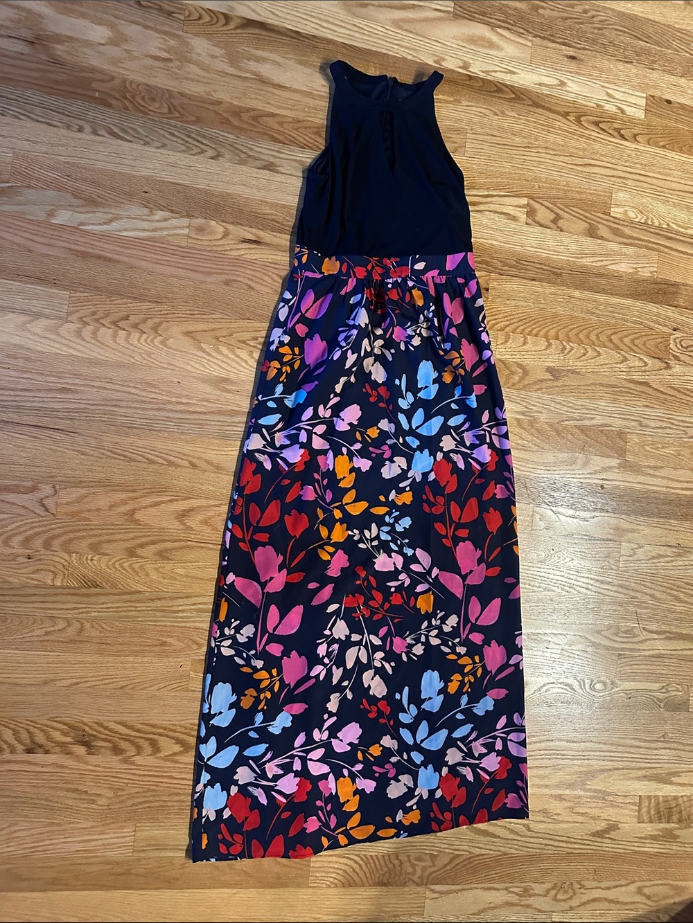 Vince Camuto Navy Maxi Dress with Pink, Red, Blue & Orange Floral Skirt